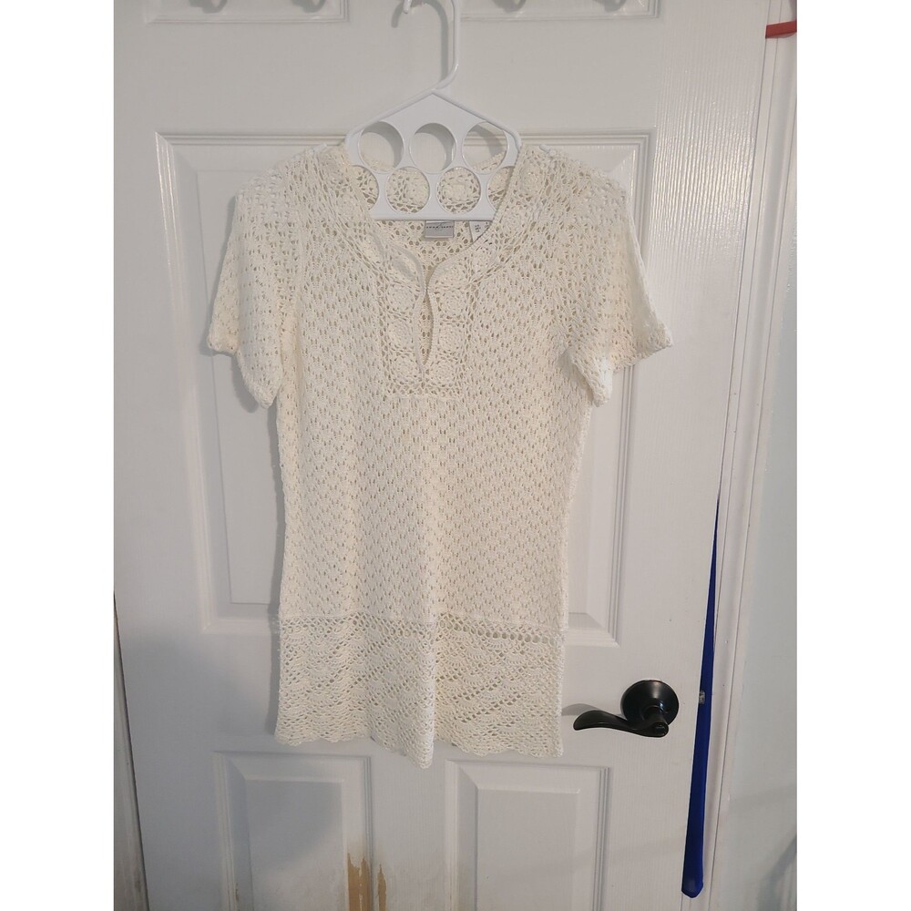 Emma James Cream Sheer Crochet Knit Dress Cover-Up – Boho Beach Resort Overlay S